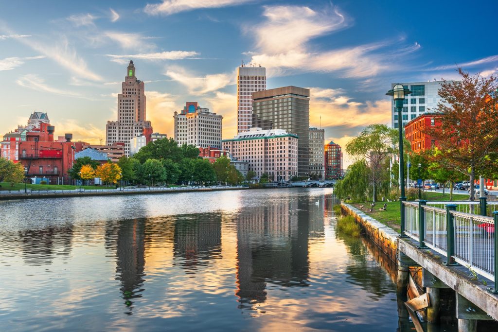 City skyline with canal in the foreground