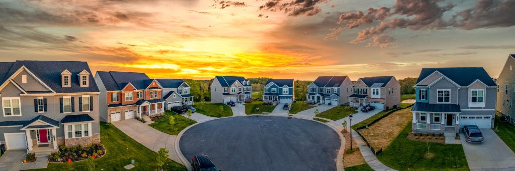 Cul de sac with houses in the sunset